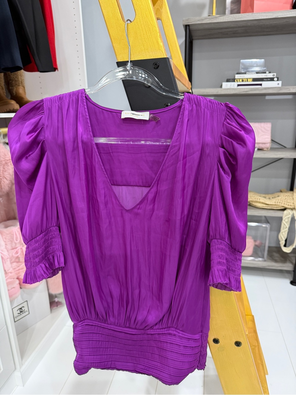 Ramy Brook Vibrant Purple V-Neck Puff Sleeve Top